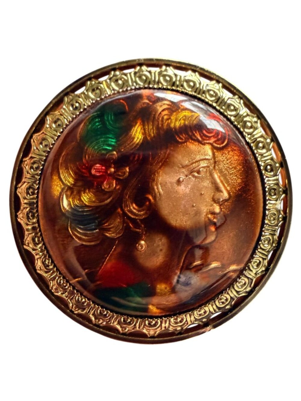 Vintage 1950s Reverse Carved Lucite Renaissance Lady Brooch New Old Stock